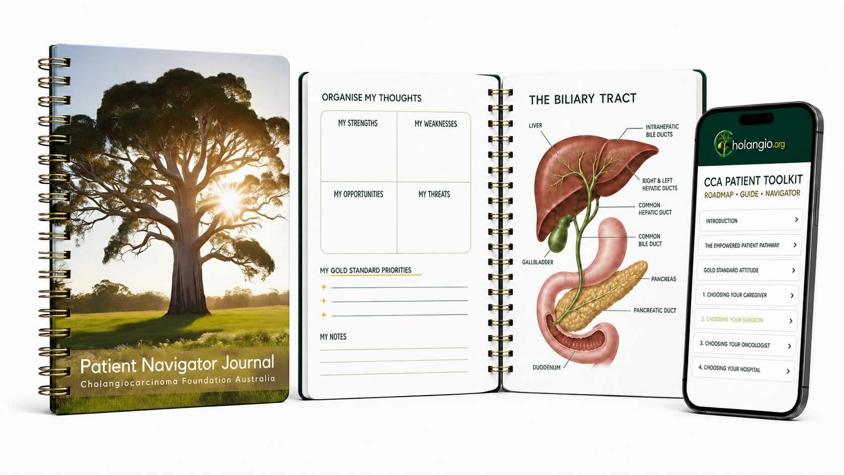 Patient Navigator Journal with eucalyptus cover, open planning and biliary anatomy pages, beside the CCA Patient Toolkit on a smartphone.